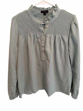 J. Crew Gauze Henley Smocked Yoke Gauze Blouse in Sage Green. Size Large